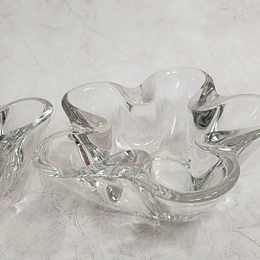 2 VTG Clear Tiffin Neodymium Flower 5 Lobe Heavy‎ Art Glass Bowl Candle Holder